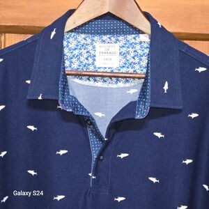 Society of Threads Mens 2XLT Navy Blue Shark Print Comfort Fit Polo Shirt